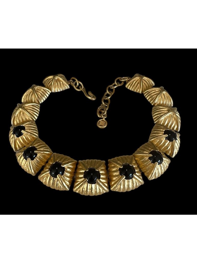 Givenchy Necklace Gold Plated With Simulated Black Onyx 1980s Retro Signed